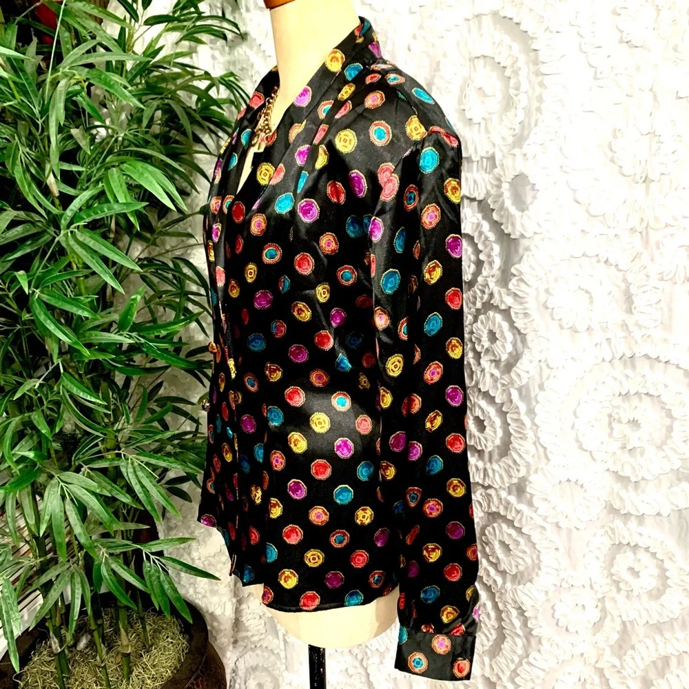 NWT Vintage “Notations” multi color gems on black print long sleeve blouse- 8 - Picture 5 of 12
